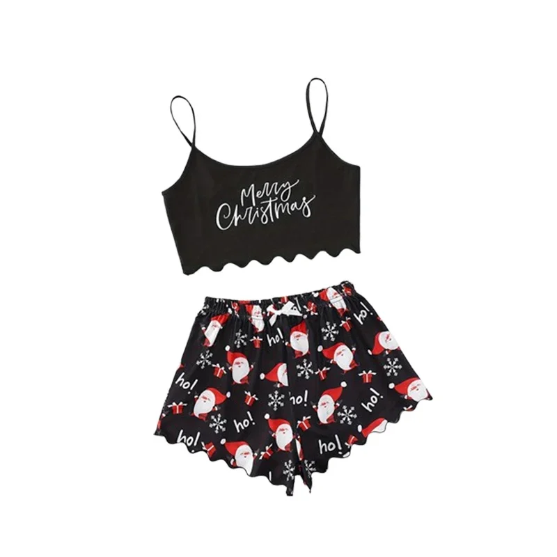 New Women\'s Christmas Pajama Set Thin Suspender Top with Santa Claus Printed Shorts Casual Homewear Suspender Shorts