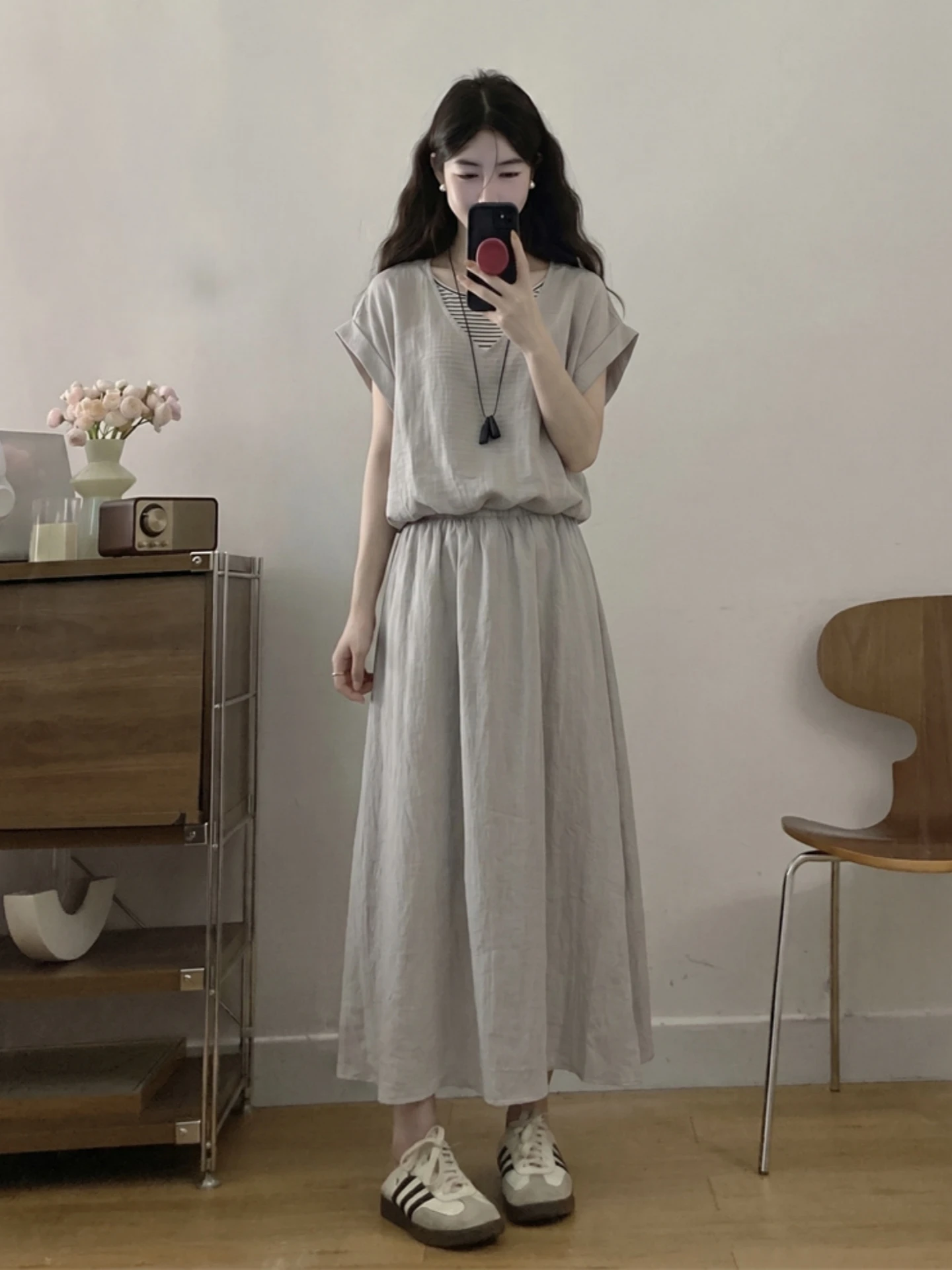 

Lazy Girl Summer Outfit plus Size Women's Striped Patchwork Top Skirt Two-Piece Set Korean Style High Waist A-Line Skirt