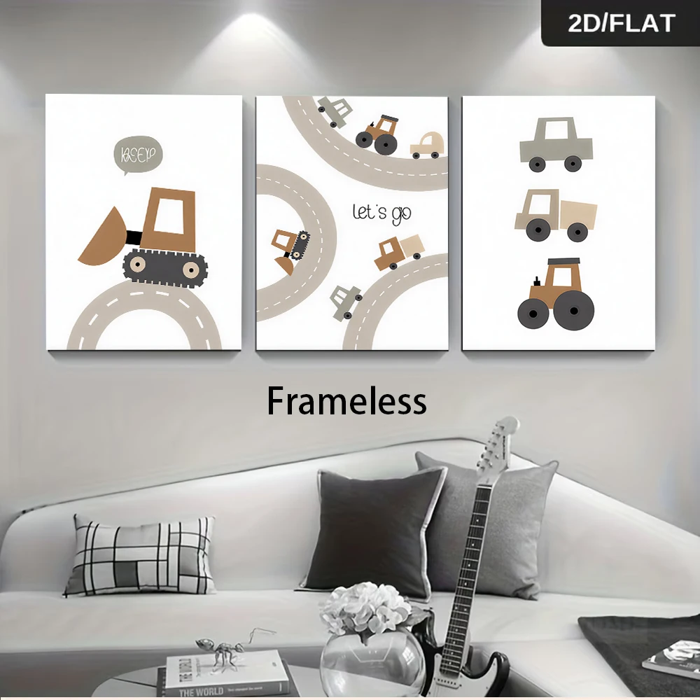 3PCS Frameless,1 set of modern minimalist cartoon engineering car, boys' bedroom, living room, frameless 2D plan