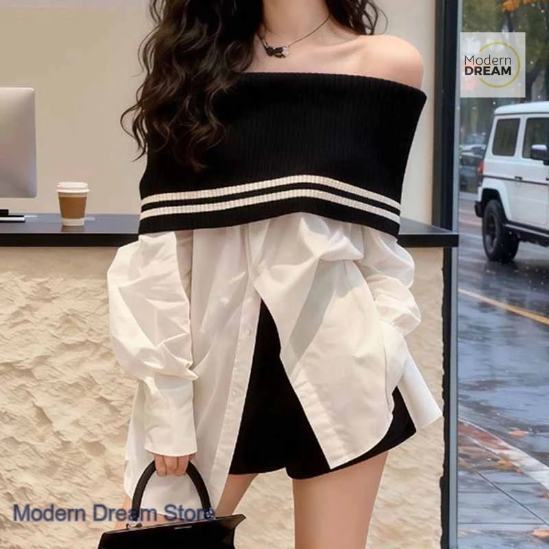 

French one-shoulder knitted shirt long-sleeved blouse women's spring new fashion loose leisure fake two-piece stitching blouse