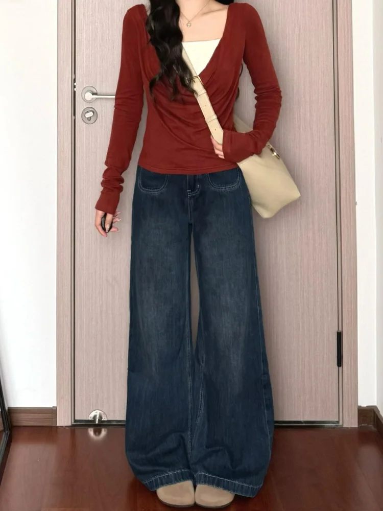 

plus Size Vintage High Waist Wide Leg Denim Jeans Women's Elastic Slimming Bootcut Pants Casual Wear Autumn Season Ladies