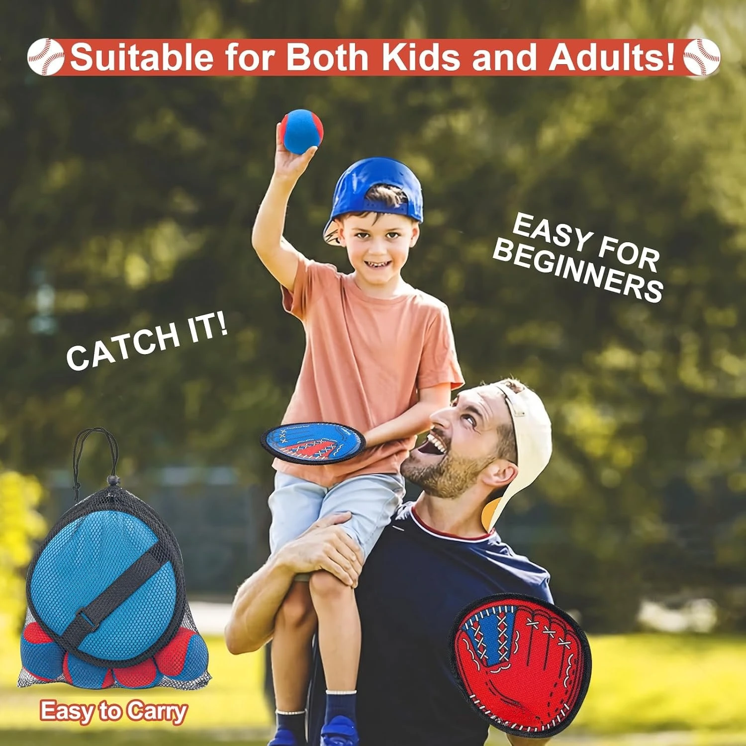 Kids Toss and Catch Ball Game Set, Interactive Baseball Sticky Catch Toys for Toddlers, Family Outdoor Sports Game for Beach Yard Pool Backyard, Perfect Birthday Holiday Gift for Boys Girls Ages 3-12