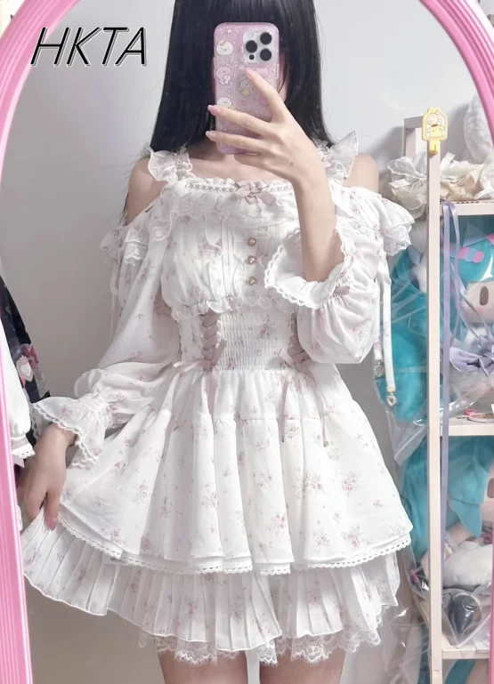 اليابانية الحلو الأزهار الشيفون الحمالة فستان مجموعة تي شيرتات قصيرة للأطفال التعدين الإنتاج الشامل ليز فستان السراويل قطعتين مجموعات الملابس النسائية