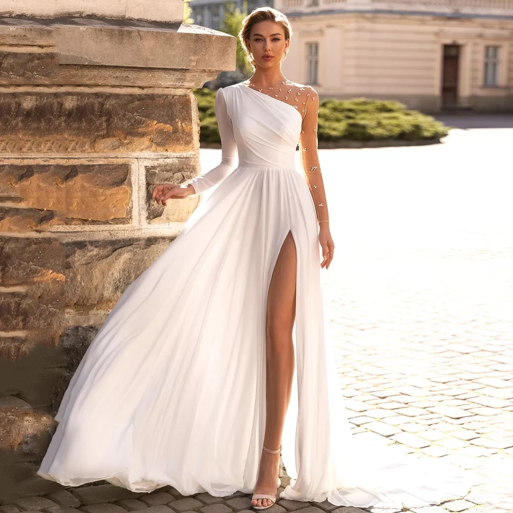 Boho Beach Wedding Dress Jiayigong Long Sleeves Beading Stones Sweep Train Split Chiffon A Line Summer Bridal Gown Vestido Noiva