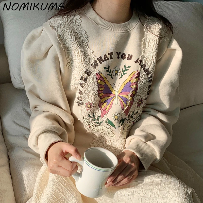 Nomikuma Korea Chic Autumn Vintage O-neck Patchwork Lace Hook Butterfly Letetrs Printed Logn Sleeve Sweatshirt Women Jumpers