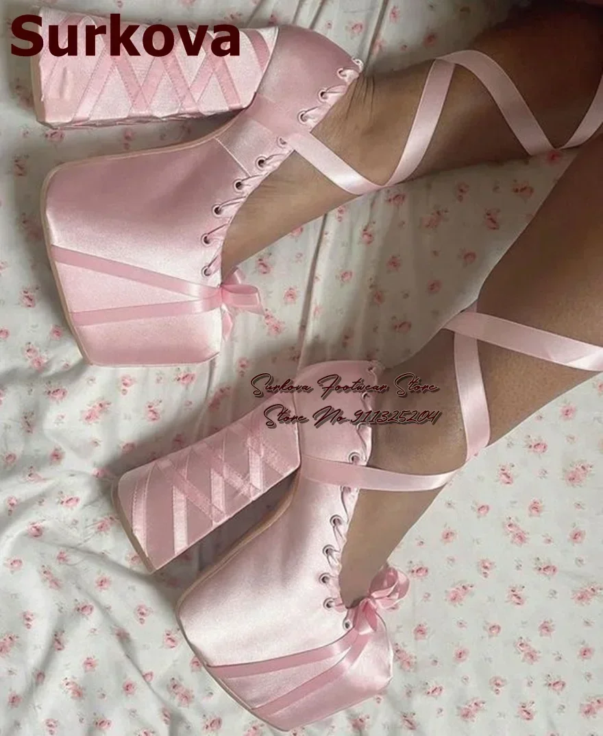 

Surkova Purple Blue Satin Fabric Irregular Square Heel Dress Pumps Butterfly-Knot Silk Ribbon Lace-Up Banquet Platform Shoes