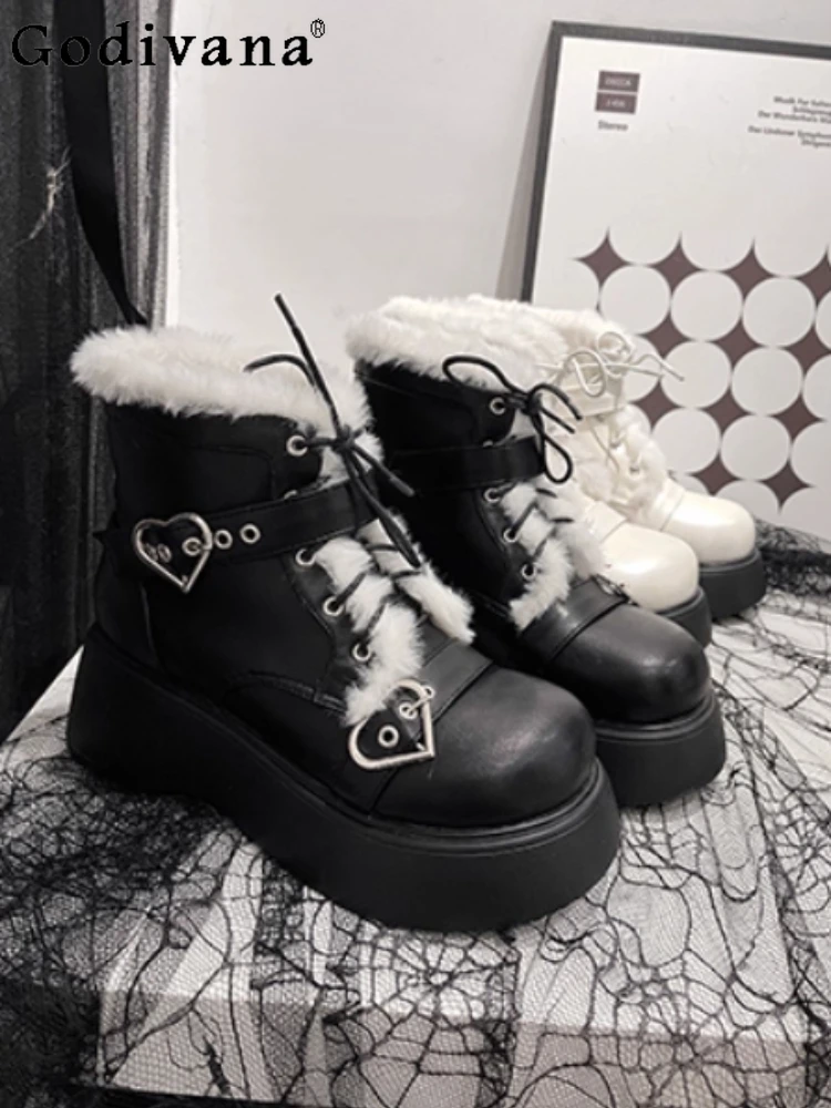 

Sweet Cute Girl Japanese Original Winter Fleece Lolita Snow Boots Punk Style Y2K Subculture Daily Commute Thick Sole Short Boots