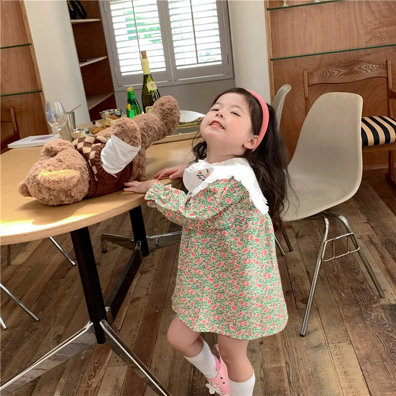 2024 Spring New Korean Children Wear Girl Forest Color Contrast Embroidered Big Flip Collar Dress Sweet Fragmented Flower Dress