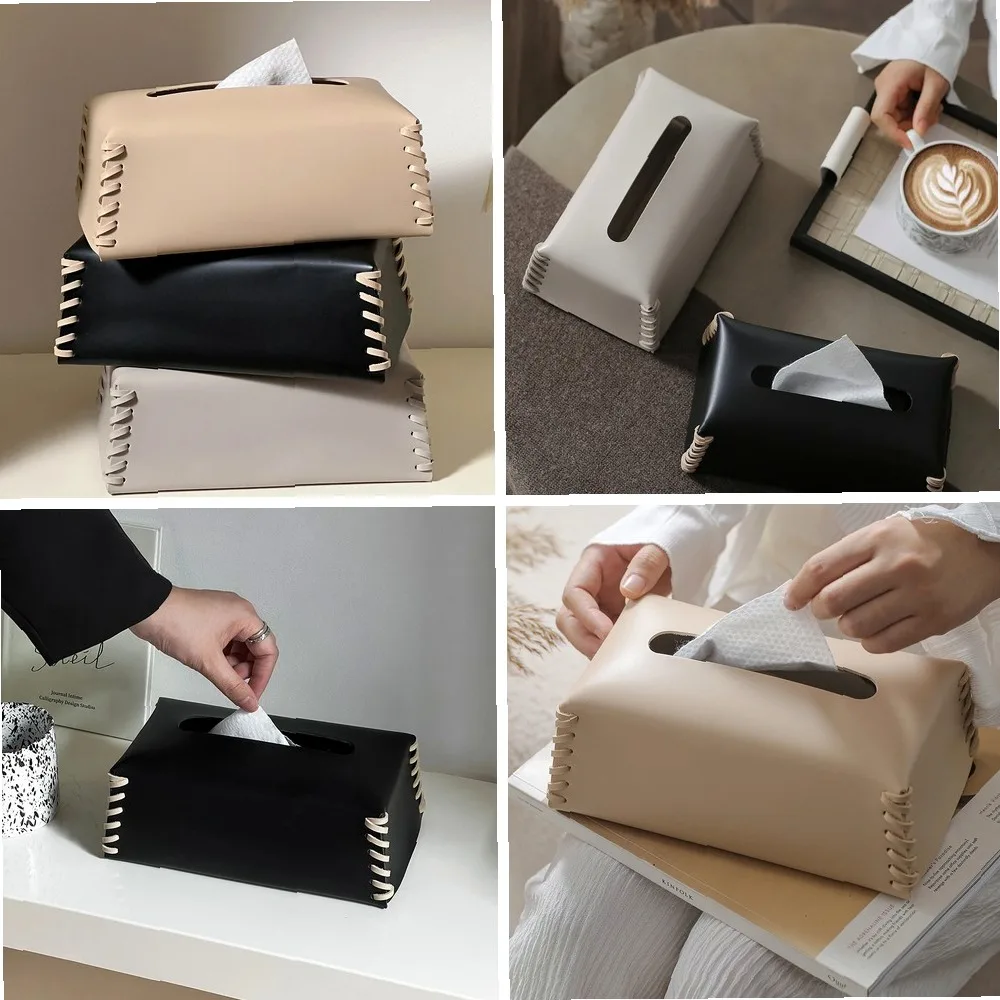 

Luxury Woven PU Leather Tissue Box Cover, Pure Color Creative Paper Towel Holder for Home Desktop Decor