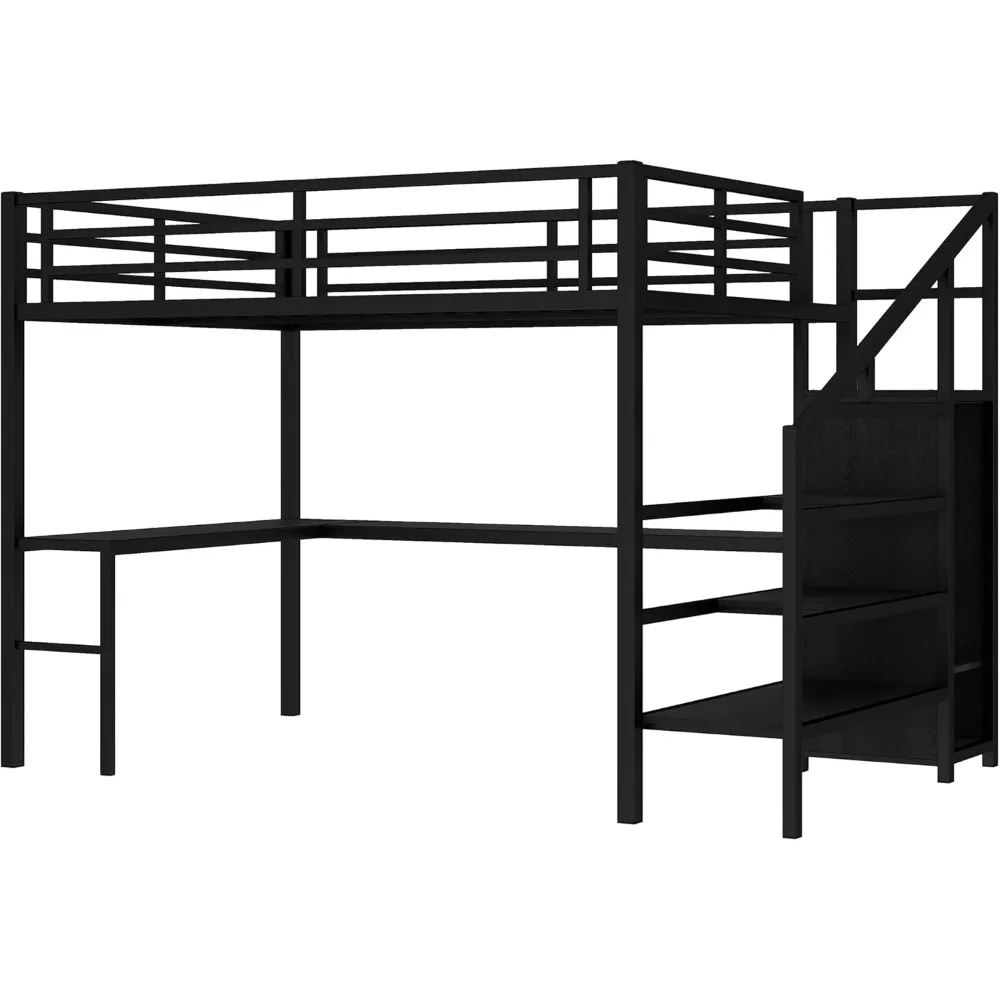 Letto a soppalco matrimoniale in metallo con scrivania e armadio a forma di L, luci a LED, porte USB, struttura letto salvaspazio per camere da letto moderne