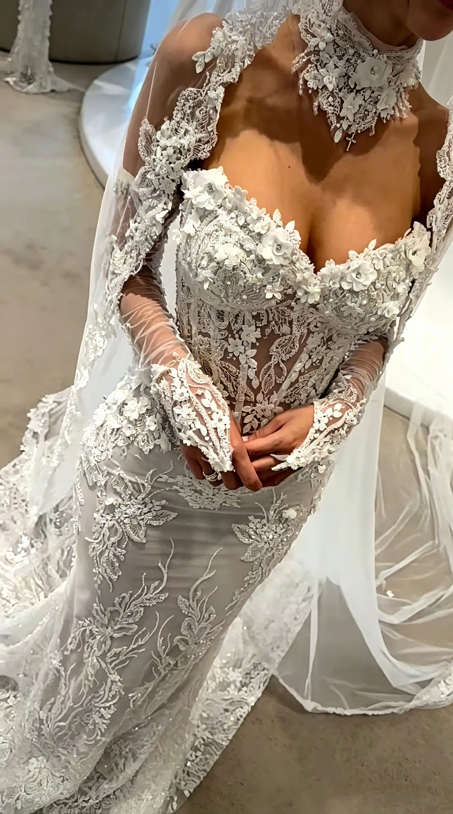 Luxury 3D Floral Lace Mermaid Wedding Dress Sweetheart Long Sheer Sleeve Sparkly Beaded Bridal Gown Vestido De Novia Customized view 2
