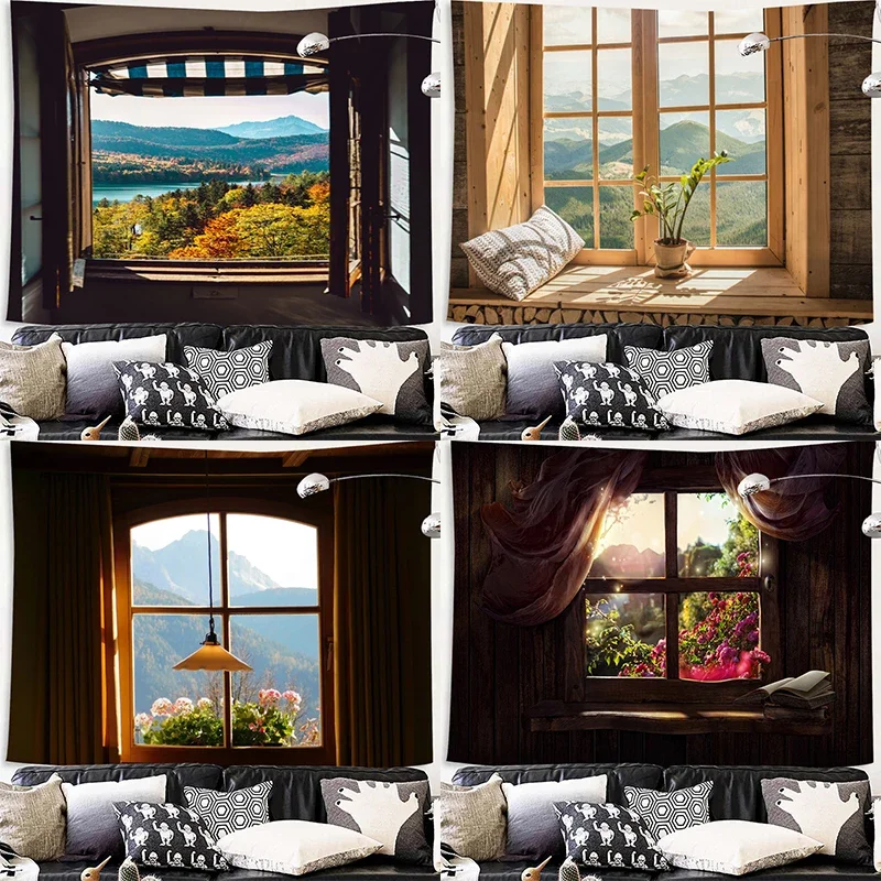 imitation window mountain view tapestry sea  forest wall hanging home  cloth blanket