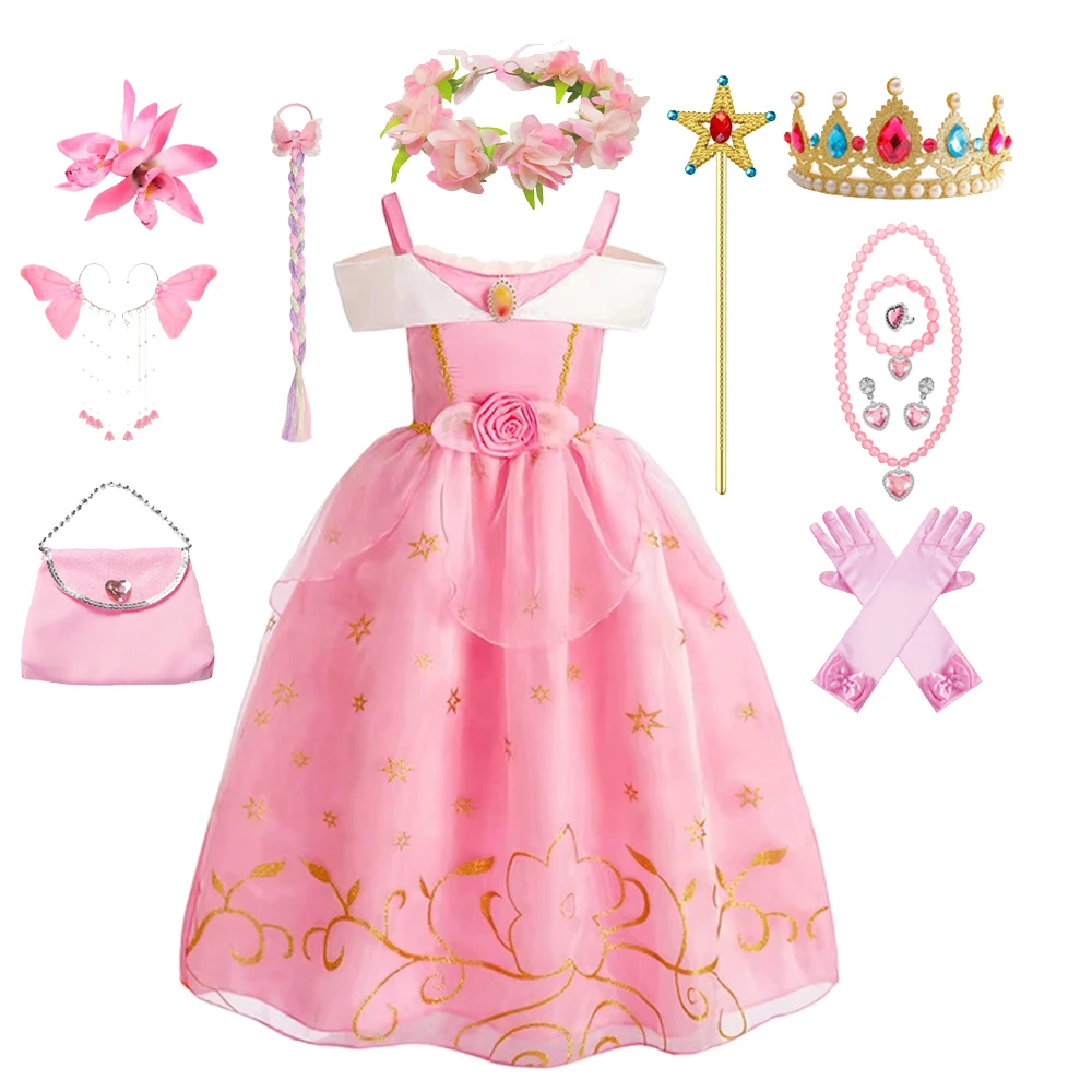 

Sleeping Beauty Pink Dress Aurora Costumes Girls Fancy Birthday Party Role Costume Disguise Carnival Cosplay Dress Up