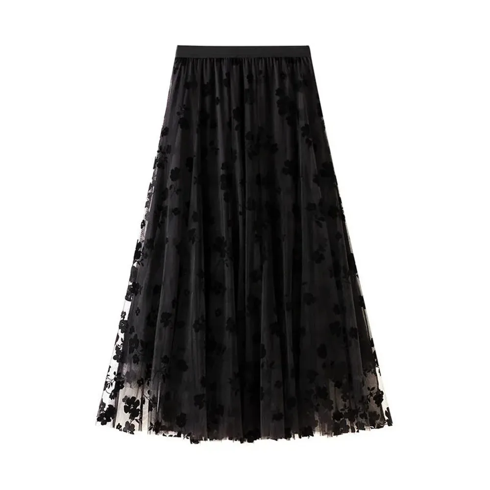 Ladies Vintage Floral Autumn Winter Skirt Women Casual Elastic High Waist Midi Pleated Mesh Tutu Skirt Women Tulle Skirt Female