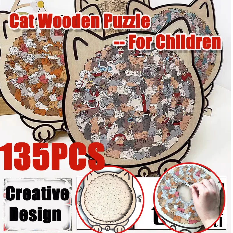 135 PCS Cat-shaped Wooden Jigsaw Puzzle Unique Irregular Puzzle Pieces Game Birthday Xmas Gifts for Cat Lovers Home Decorations
