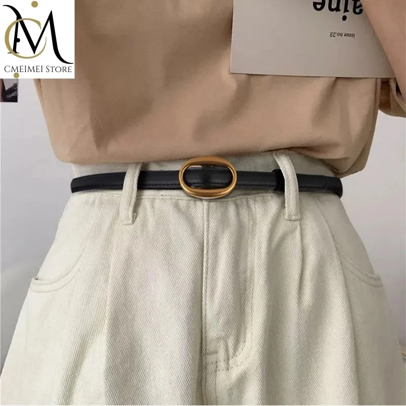 

Trend Women's Belt with Oval Gold/Silver Buckle Fashion Casual Versatile Thin Belt Soft Genuine Leather Belt Dress Jeans Belt