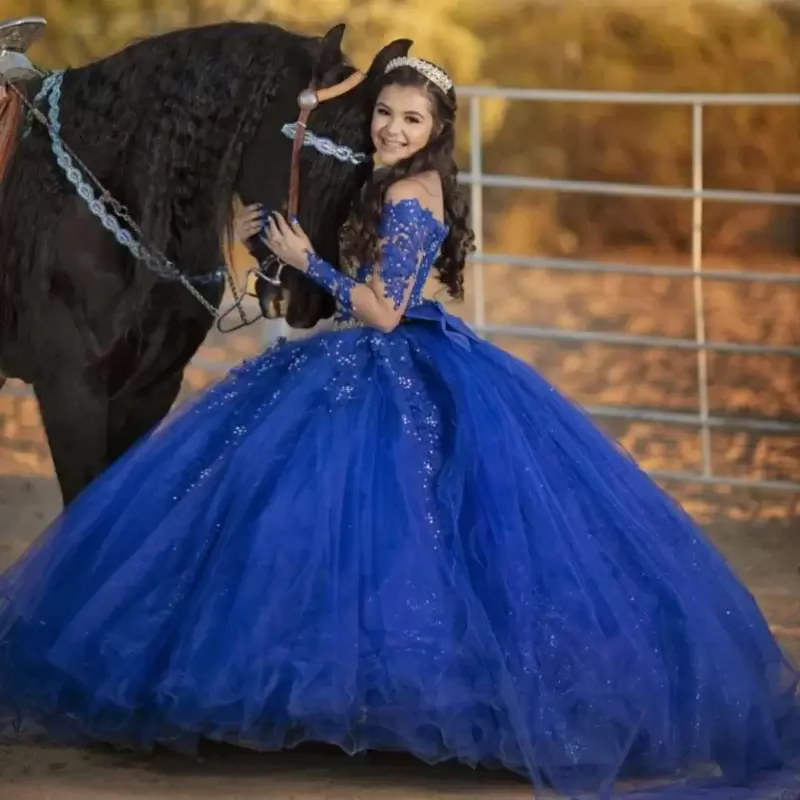 ANGELSBRIDEP Королевское синее кружевное платье Quinceanera с длинным рукавом с бисером милое платье для выпускного вечера 16 блестящее Тюлевое платье 15 лет