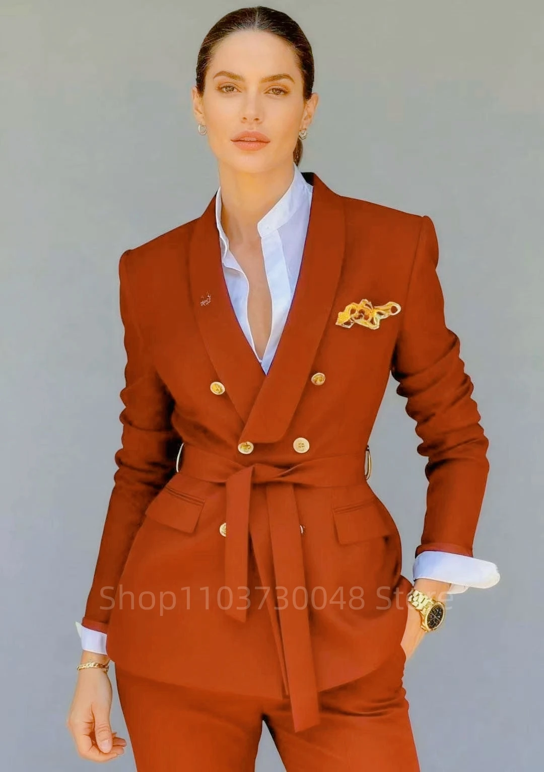 Picture 4: Elegant Women's Two Pieces Suit Set White Double Breasted Jacket Long Straight Pants Sets Office Banquet Wedding Female Clothing