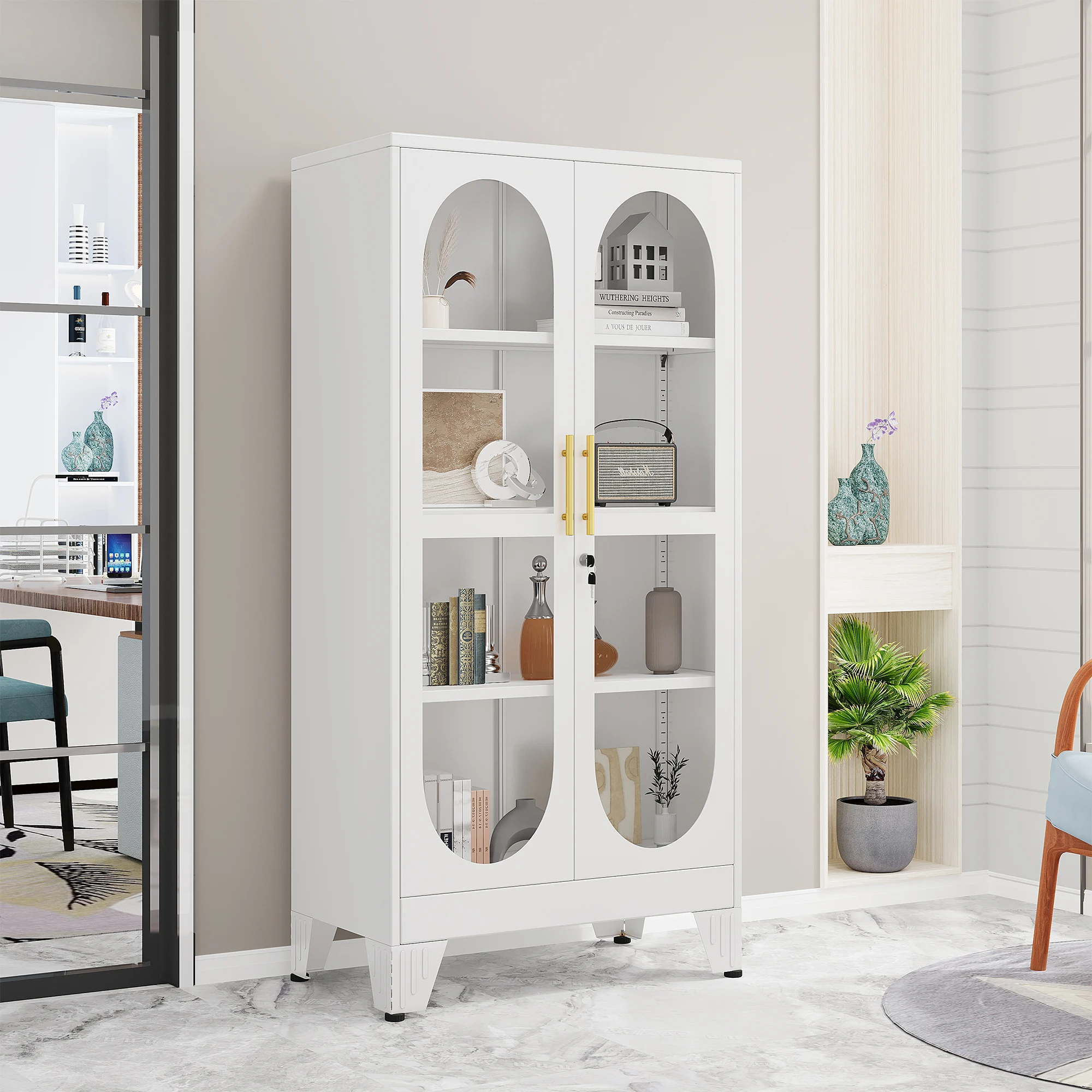 61 inch high metal glass door display cabinet with 4 adjustable shelves, display cabinet storage cabinet