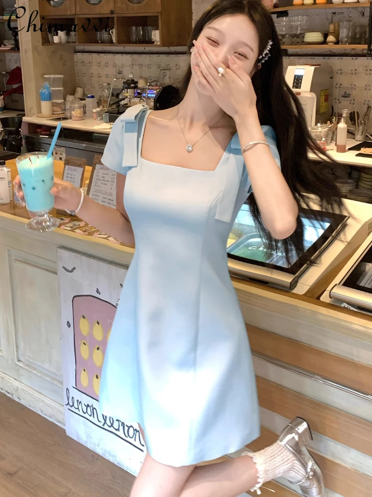 

French Elegant Fashion Socialite Dresses Square Neck Bow Strap High Waist Slim A-line Blue Temperament Short Dress Women Summer