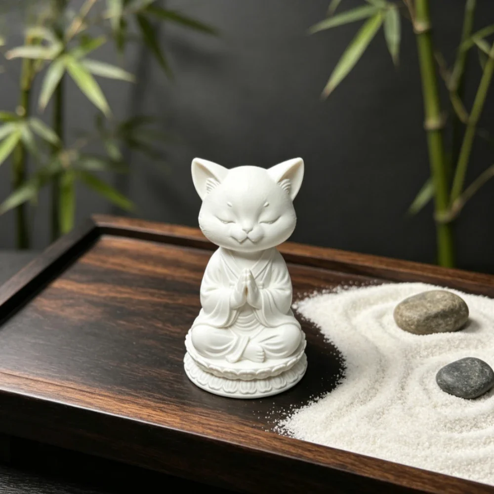 Zen Praying Buddha Cat Statue Ornament 3D Printed Lotus Cat Figurines Unique Table Decor Meditation Sculptures Home Office Decor