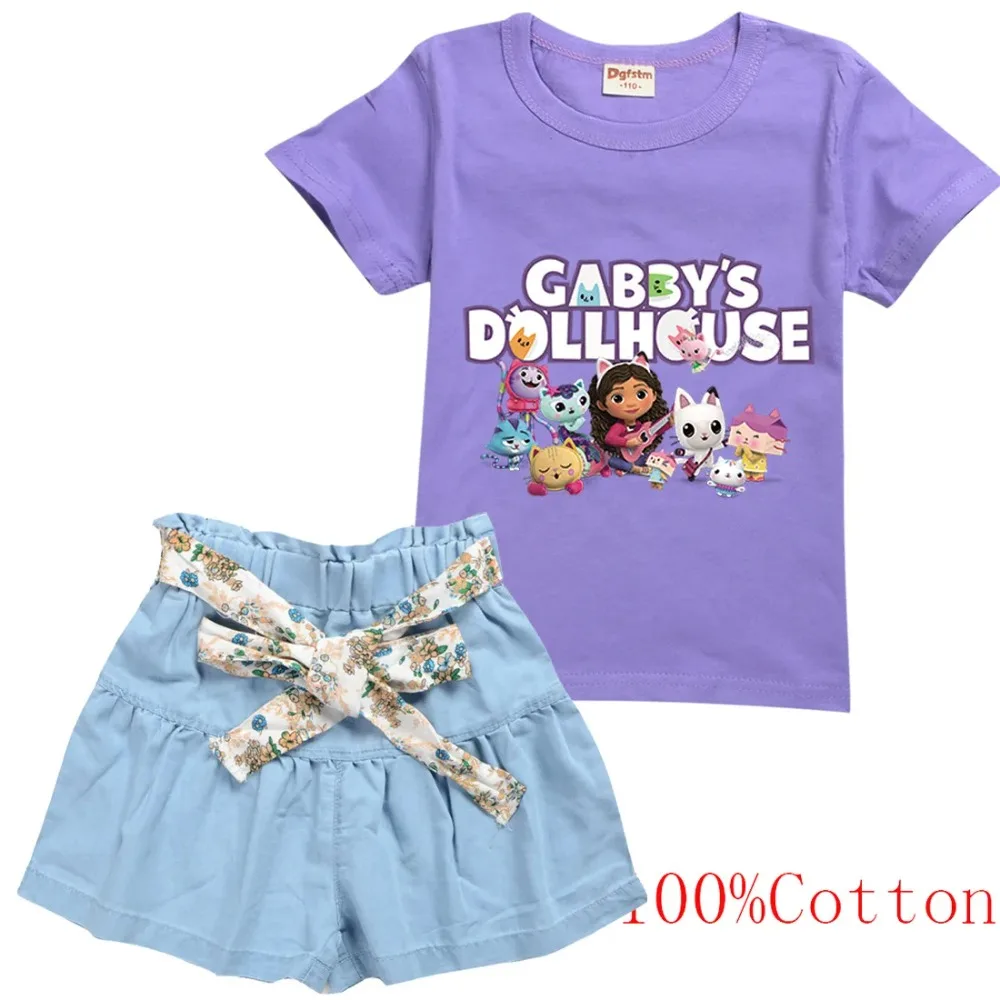 

Cute Gabbys Dool House Cats T Shirt Kids Short Sleeve Cotton T-shirt A-Line Jeans Shorts 2pcs Sets Toddler Girls Casual Outfits