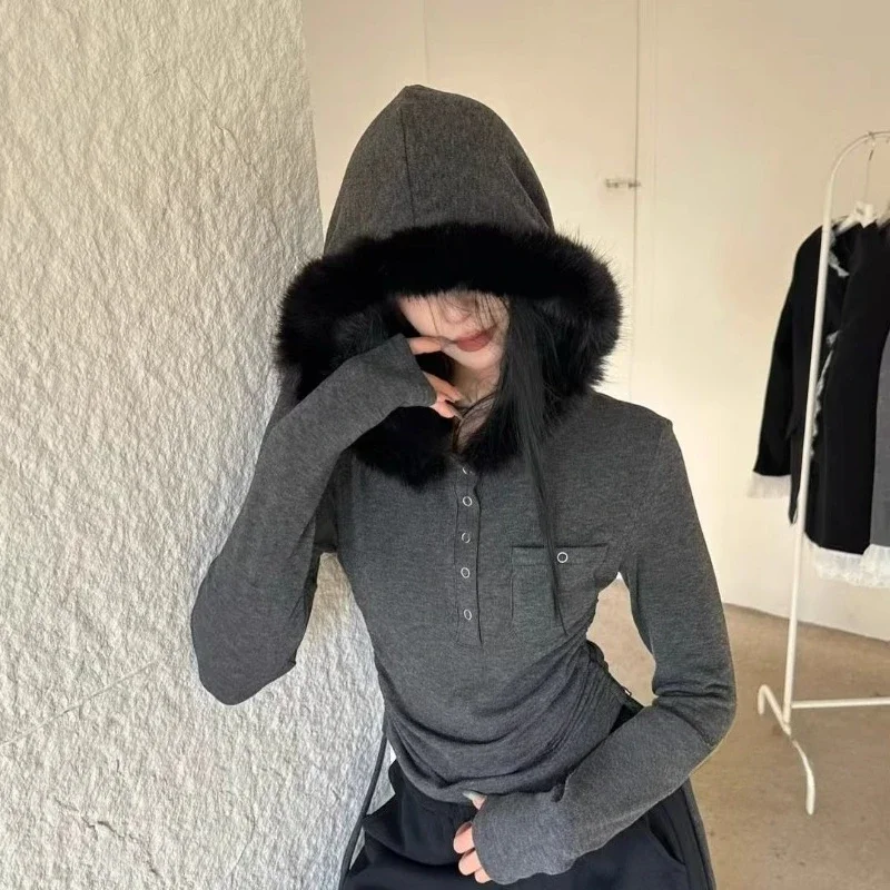 

Korean Style Fashion Hooded T-shirt for Women Autumn New Coat Top Y2k Vintage Casual Blusas Mujer 2025 Hoodie Grey