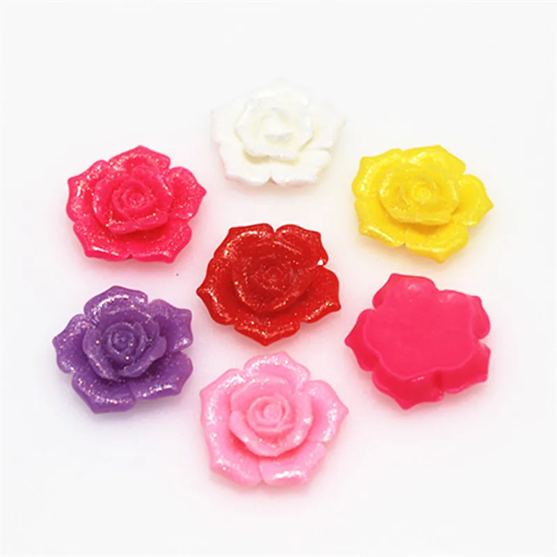 10pcs Mix Colors 26mm Resin Glitter Rose Flower Flatback Cabochon DIY Scrapbooking Decorative Craft Making
