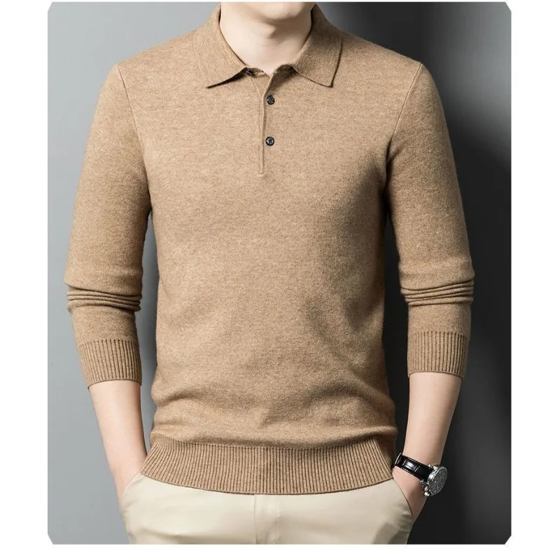 Men Polo Collar Knit Sweater Spring Autumn Thin Warm Basic Pullover Top