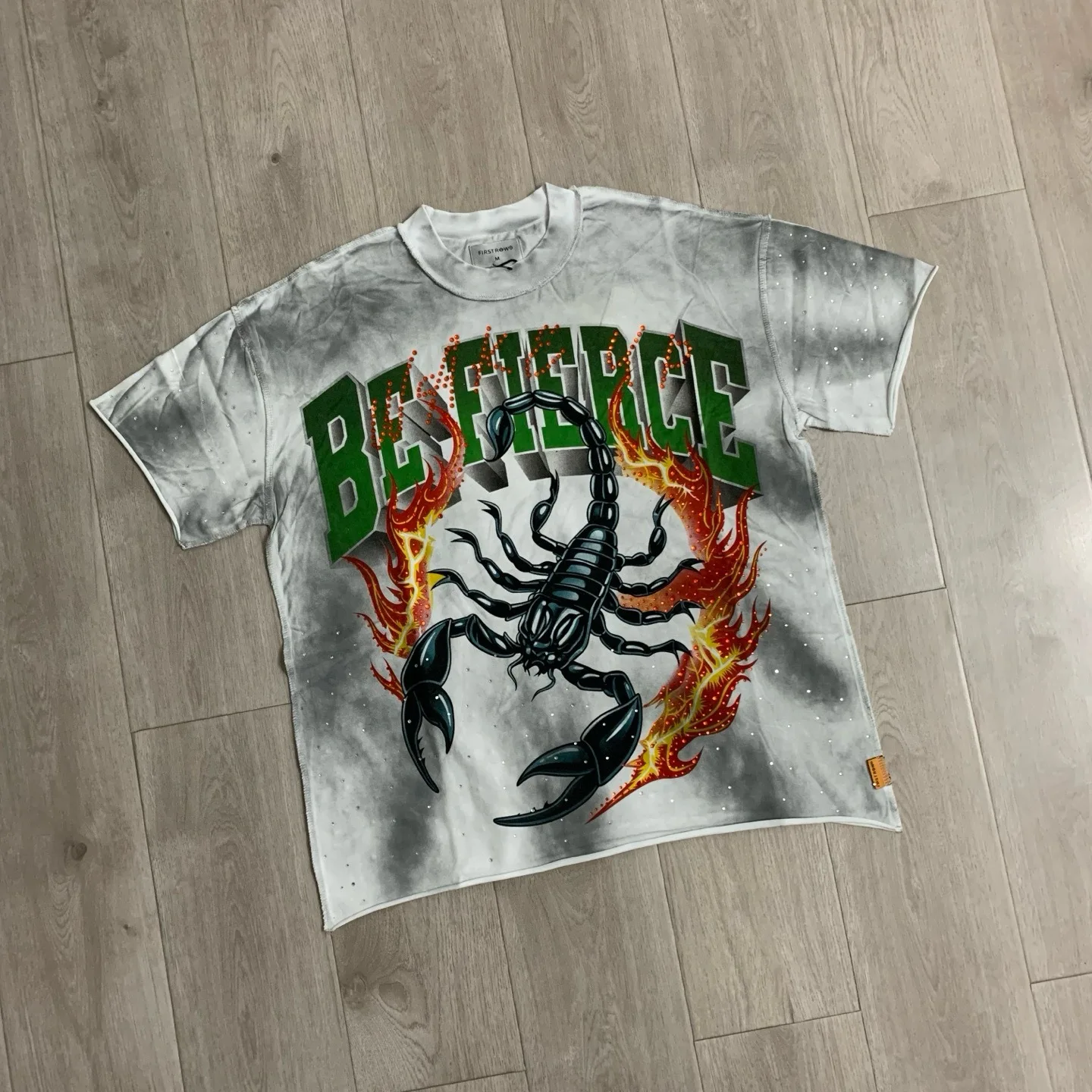 First Row Retro Scorpion Flame Engraved Diamond Washed Antique Men's and Women's Loose Round-neck Short-Sleeved T-Shirt