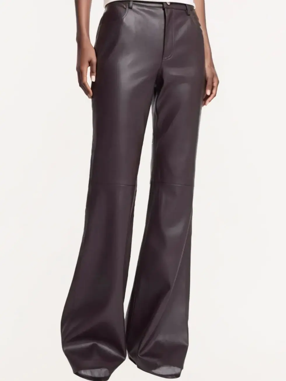 2026 Pantaloni eleganti da donna in ecopelle a vita alta Office Lady Vintage Street Brown PU Slim Fit Pantaloni svasati con bottoni con zip