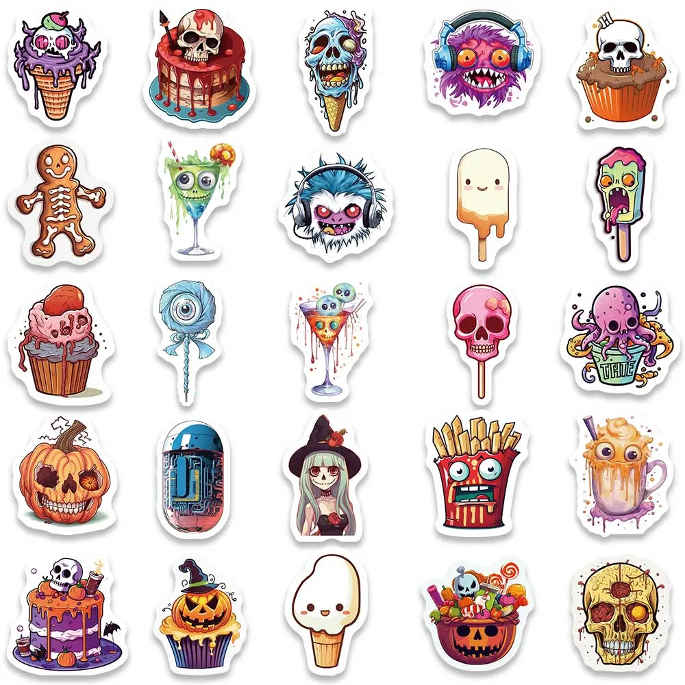 Halloween cartoon stickers, horror, comida, laptop, telefone, bagagem, guitarra, bicicleta, carro, decalques de vinil, impermeável, 50pcs