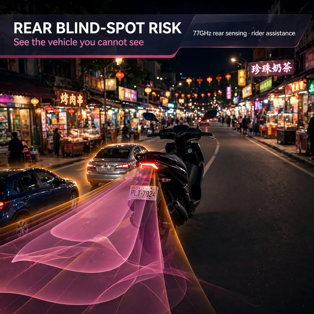 77GHz Motorcycle Blind Spot Monitoring Radar System with Dual LED Warning Indicators – Up to 70m Rear Detection, BSD 8.4m, LCA 5