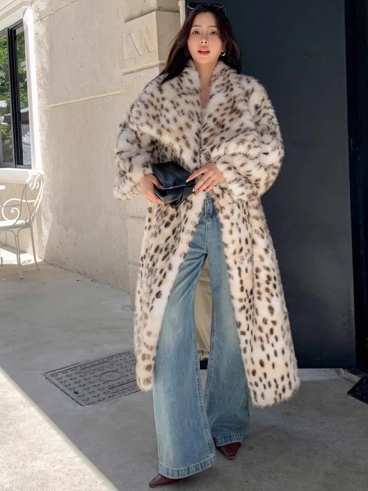 

Leopard Print Imitation Fur Coat Women's Large Lapel Loose Imitation Fox Fur Coat Autumn and Winter Thickened Long Mink Fur Coat