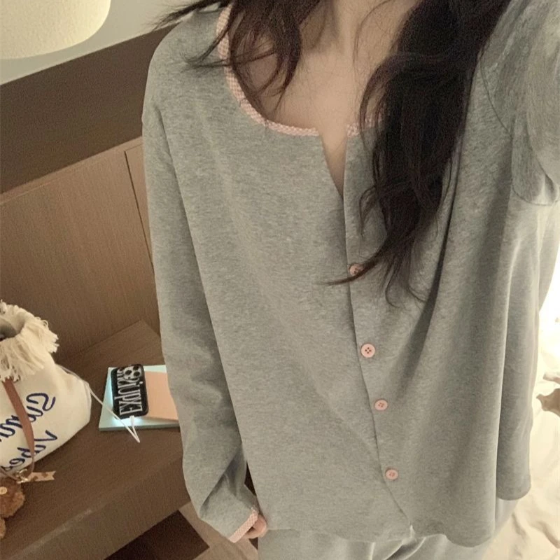 Women's Sleepwear Can Be Worn As Outerwear Home Suit Solid Color Loose Cardigan Long Sleeved Pants Женская Пижама image 6