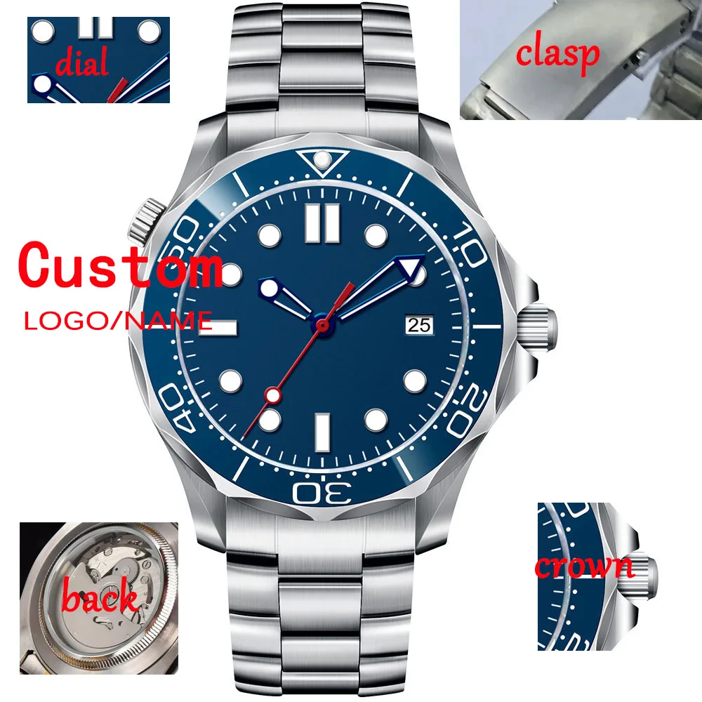 

41mm New Custom Logo Name DIY Men's Wristwatches Japan NH35 Clock Automatic Watch For Men Luminous Diving Steel Watch