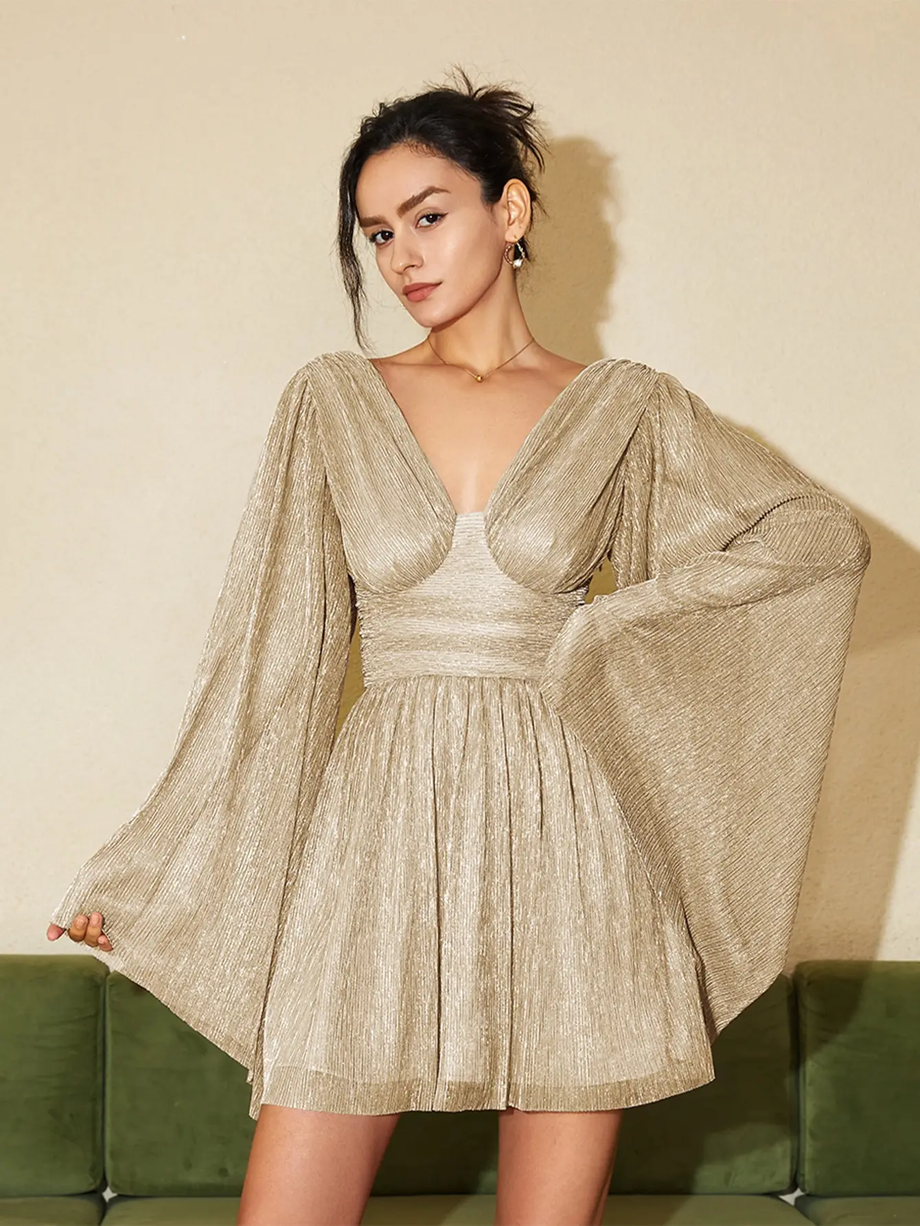 AEL Lady Fashion Casual Elegant Sexy Outfits Plunging Neck Bell Sleeve Glitter Dress Woman Chic A Line Dress