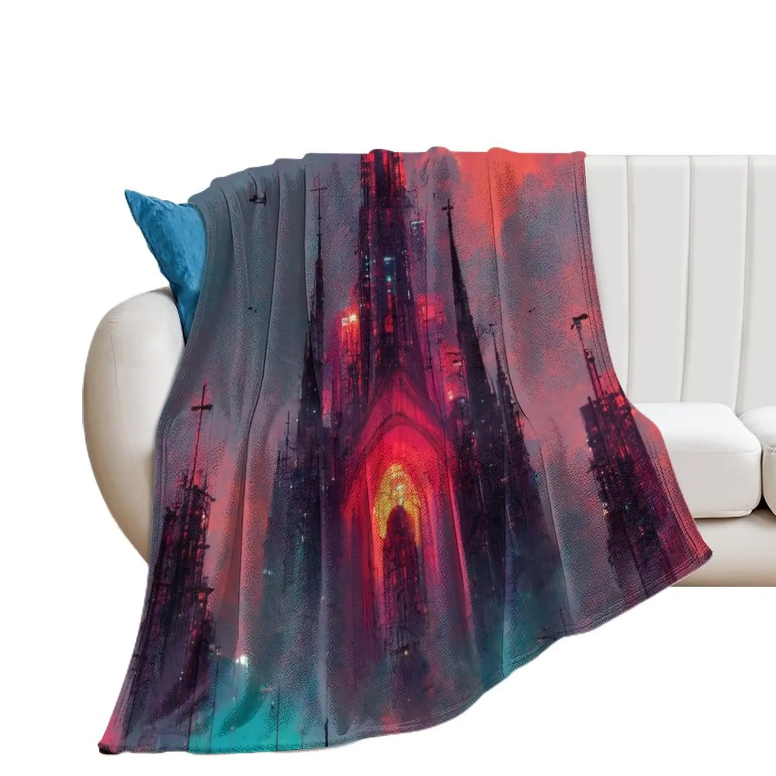 Cyberpunk Cathedral In Sunset Throw Blanket Camping manga Decorative Throw Blankets