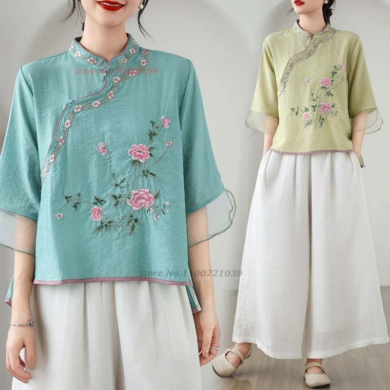 

2024 traditional chinese vintage blouse national flower embroidery stand collar qipao blouse oriental hanfu tops folk blouse