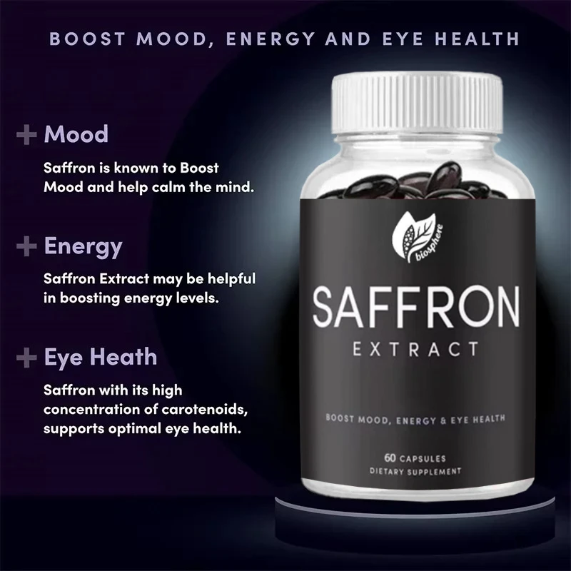 Suplemento de azafrán: potenciador del estado de ánimo con extracto de azafrán puro al 100%, adecuado tanto para hombres como para mujeres. Cápsulas de azafrán promueven la salud de los ojos