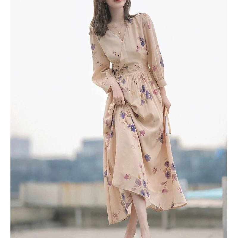 

Женское Макси-Платье с принтом, Элегантное повседневное платье составного кроя с V-образным вырезом, длинным рукавом и пуговицами, весна-осень