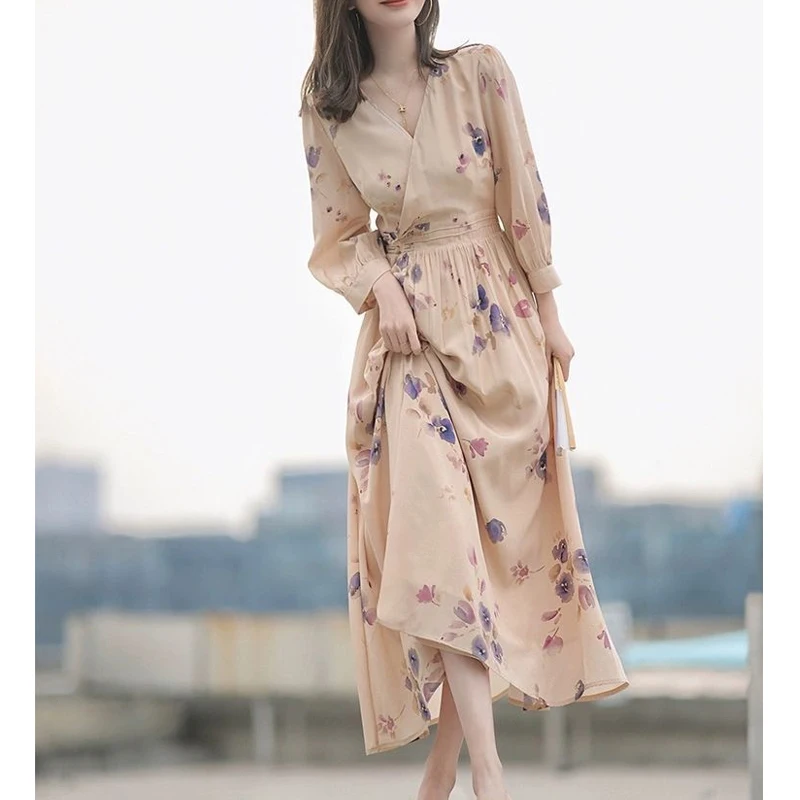 

Spring Autumn New V-neck Fashion Long Sleeve Maxi Dress Women Elegant Printing Button Patchwork Dresses High Street Casual Robe