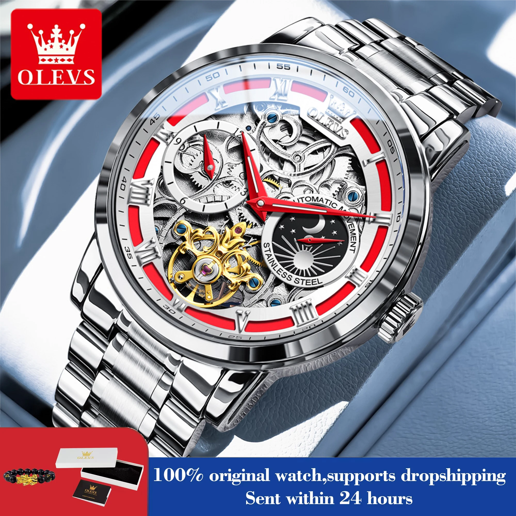 

OLEVS 6670 Mens Watch Luxury Origina Skeleton Mechanical Watch For Men Moon Phase Original Waterproof Business Male Hand Clock