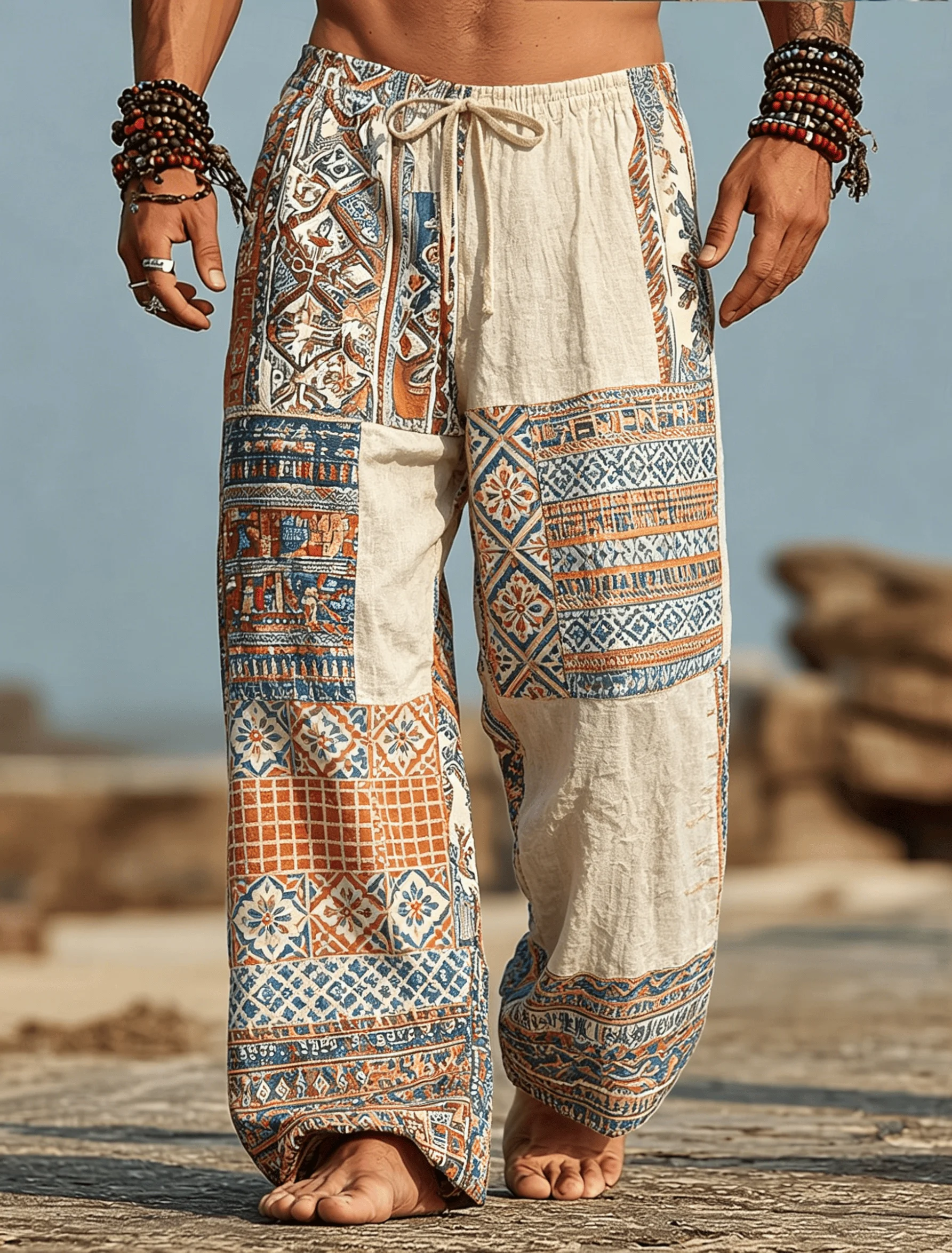 Herren-Freizeithose mit Retro-Tribal-Print, 3D-Print-Hose, Baggy-Hose mit mittlerer Taille und Kordelzug, mit Taschen, Frühling und Sommer – Detail 7