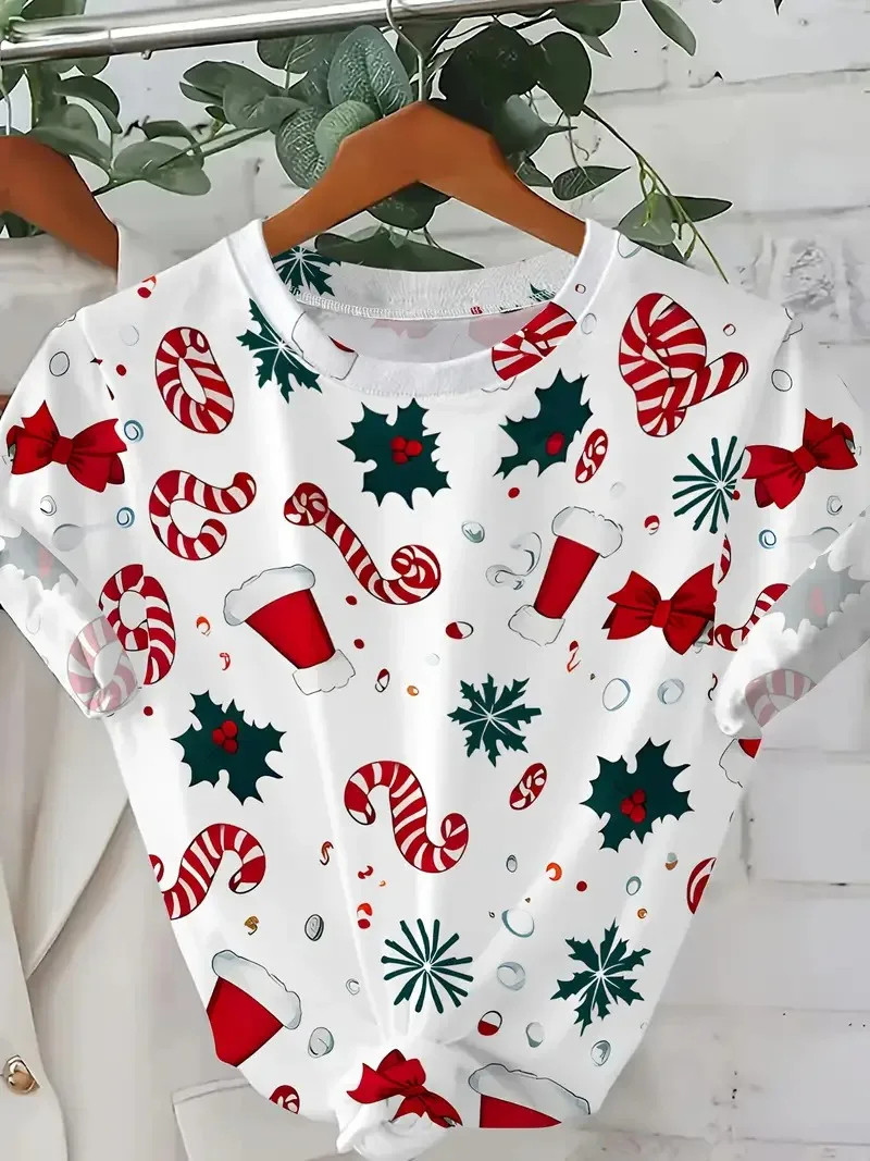 Christmas elements sweet candy snowflake 3D printed women's short sleeved T-shirt fashion casual party holiday Woman y2k clothes
