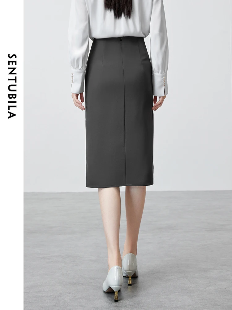 SENTUBILA Elegant Ruffles Skirt for Women\'s 2024 Autumn Straight Solid Slit-hem Knee Length Skirt Women Long Skirt 143Q55699