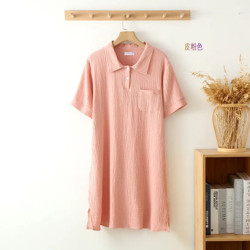 2023 Summer New Women's Sleeping Dress 100% Cotton Crepe Short Sleeve Polo Dress Women's Button Home Casual Dress Nightgown