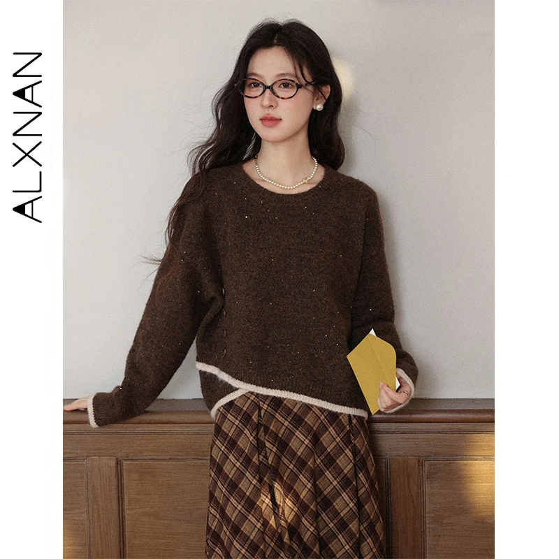 

ALXNAN Women's Knitted Sweaters Sequin Asymmetrical Hem Side-button Pullovers Loose-fit Thickened Warm Knitwear Female L58660