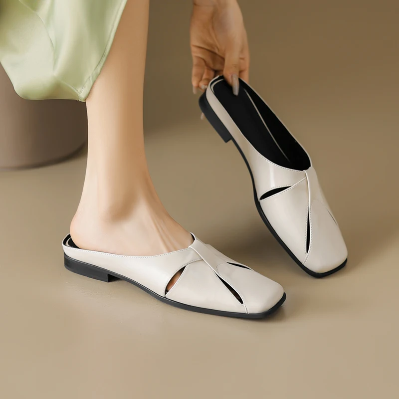 2023 Women Sandals Genuine Leather Mules Slippers Square Toe Low Heels Fashion Silvery Gold Shoes Woman Casual Office Slippers