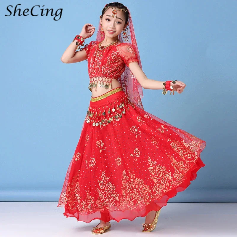 New Kids Indian Bollywood Belly Dance Top Skirt Costumes Set Girls Arabic Festival Halloween Cosplay Stage Dress UP Rave Outfit